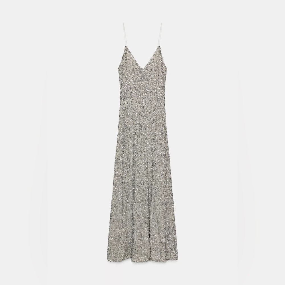 Zara long sequin silver v-neck midi dress sz.XS - Picture 7 of 13